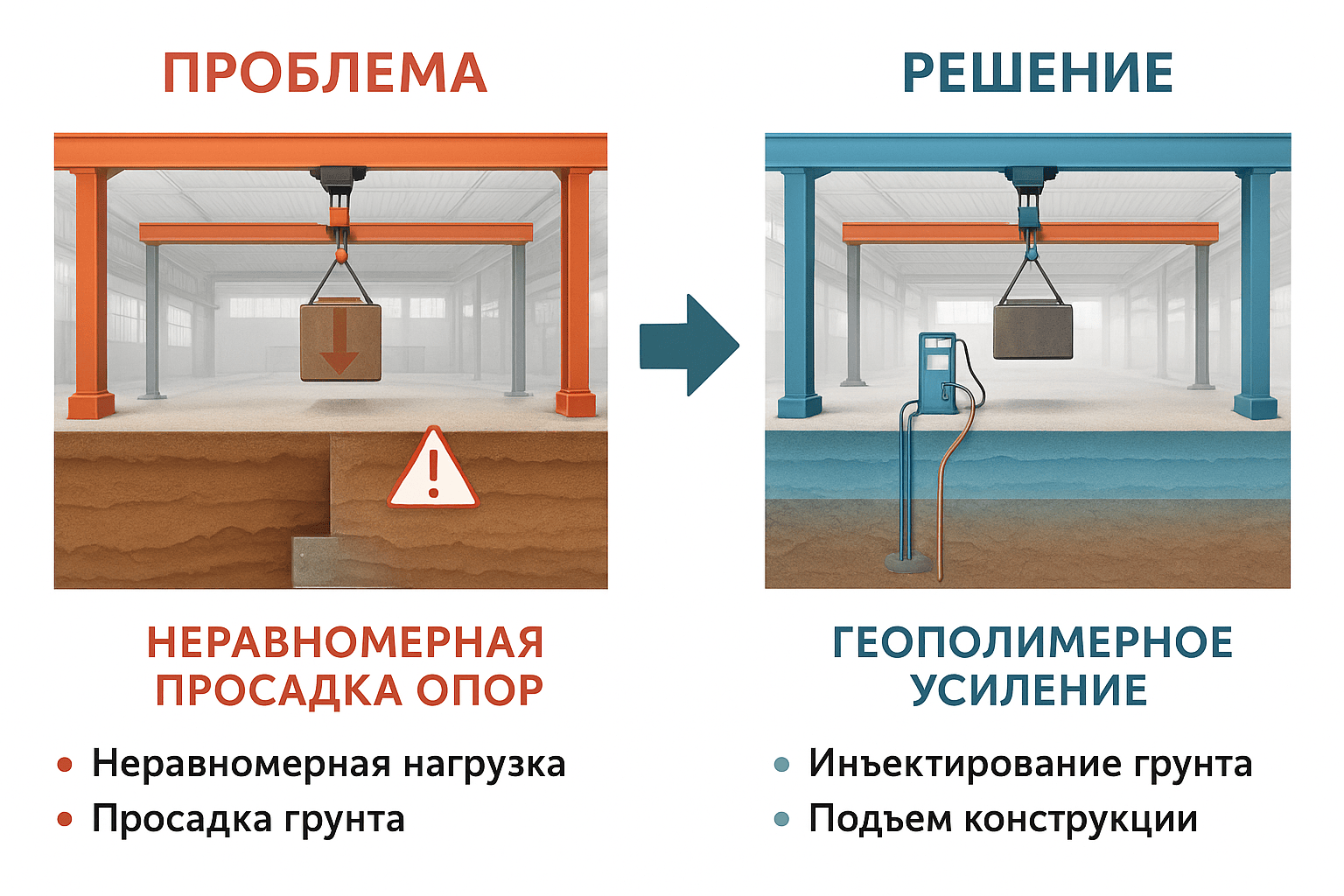 Стабилизация опор мостовых кранов инъектирование геополимерных смол