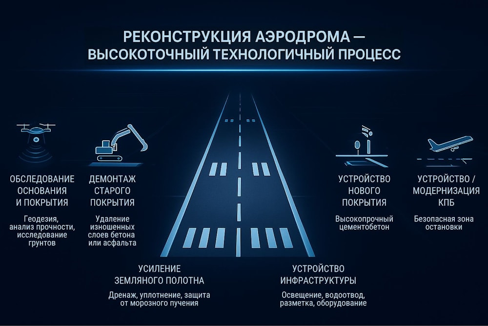 Какие работы включает в себя реконструкция аэродромов?